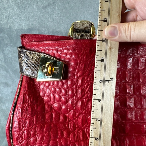Fontanelli Handbag Purse Red Leather Croc Embossed w/ Snake Skin Trim - Picture 6 of 14